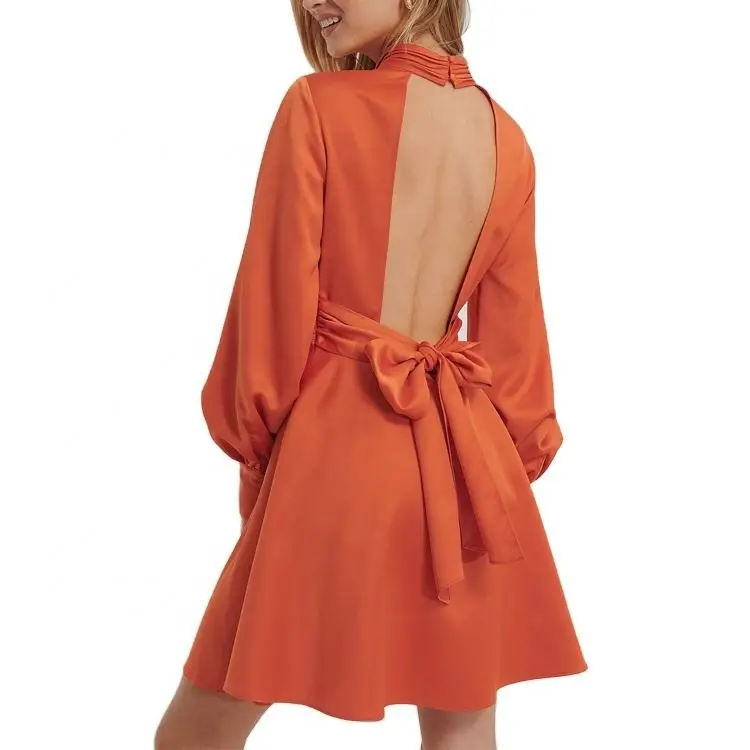 Vintage Satin Pleated Neck And Waist Long Sleeve Open Back With Bow Women Elegant Dress