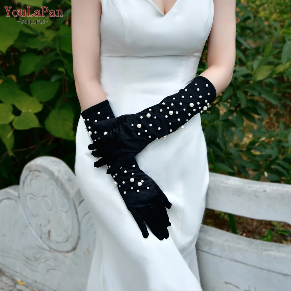 YouLaPan VM12 Black Party Pearl Gloves Evening Sexy Ladies Gloves Long Short with Fingers Bridal Gloves