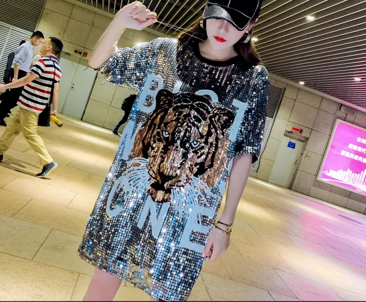 China Factory Custom LOGO Animal Tiger Sequins Jersey Sequin Dress Bling Sequined Long Shirt Women  Dresses Wholesale