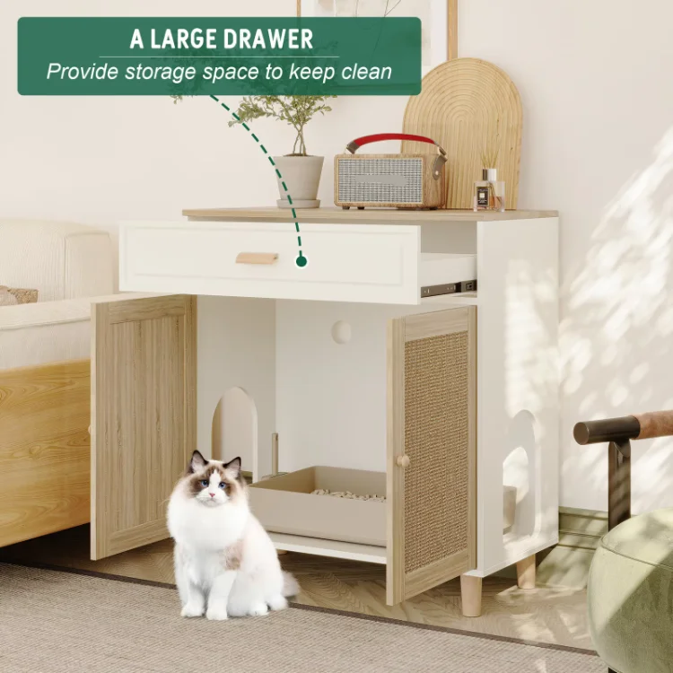 Custom Close Type Litter Box Enclosure Wood Indoor Side Table Wooden Pet Furniture Crate Cat House With Scratching Pad Doors