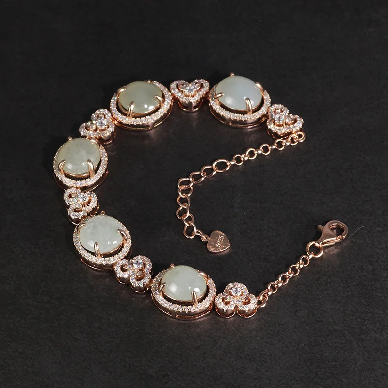 Genuine 925 Sterling Silver Chain Bracelets For Women Natural Stone Jade Minimalist Elegance Fine Jewelry Best Gift Iced Out