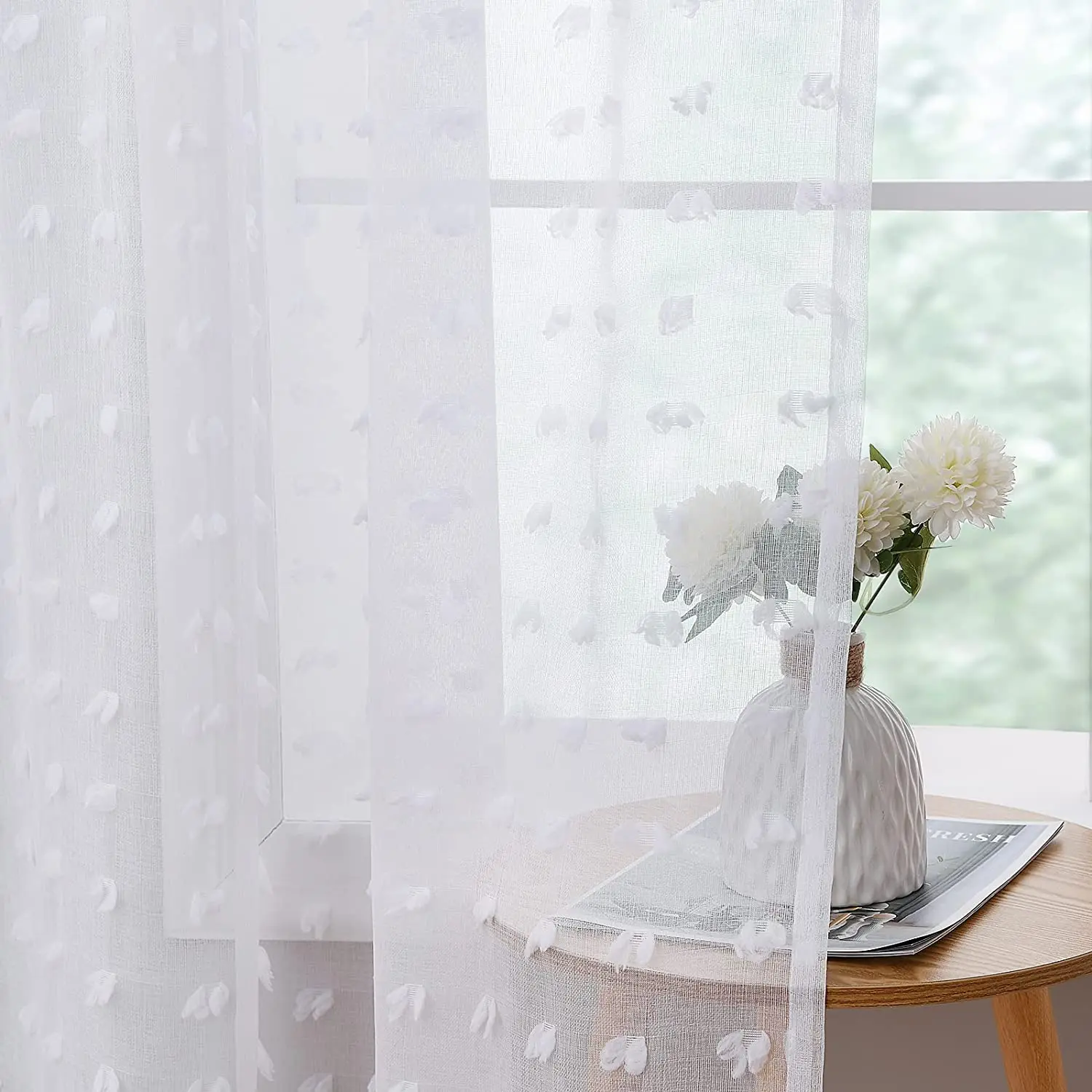 White Sheer Curtains for Living Room Bedroom White Farmhouse Boho Drapes White Pom Pom Curtains Rod Pocket