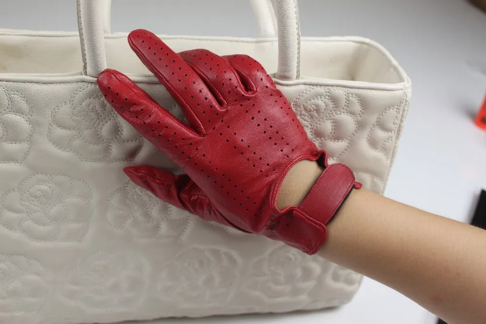 Fashion hole thin touch sexy lady dress genuine red leather gloves women