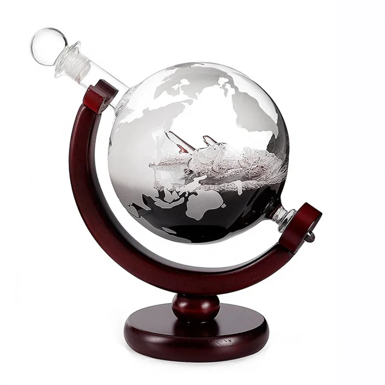 850ml Handmade Glass Wine Whisky Globe Decanter Wooden Tray With Two Whiskey Glass