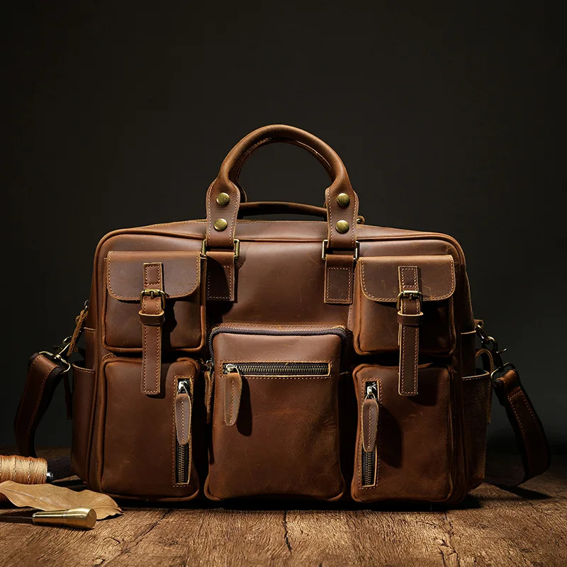 2024 New 18 Inch Vintage Handmade Office Laptop Briefcase Crossbody Bags Mens Satchel Genuine Leather Messenger Bag Men
