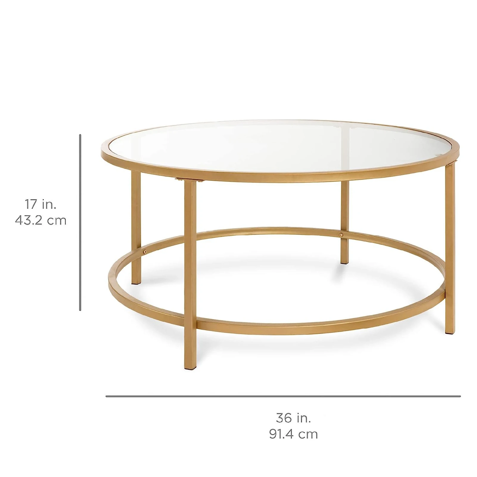 36in Modern Round Tempered Glass Accent Side Coffee Table for Living Room  Dining Room Tea Home Decor w/Satin Trim Metal Frame