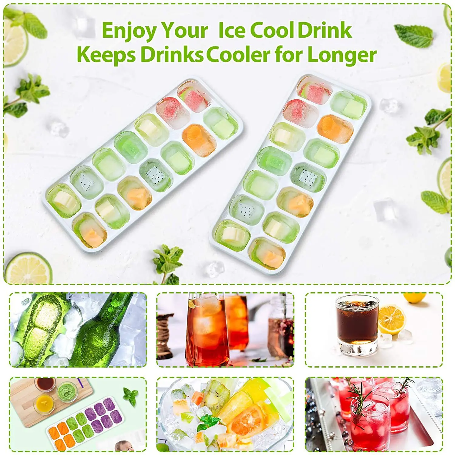 Ice Tray with Lid 4 Pack Reusable Silicone 14-Ice Trays Molds Easy-Release for Chilled Drinks Whiskey and Cocktails