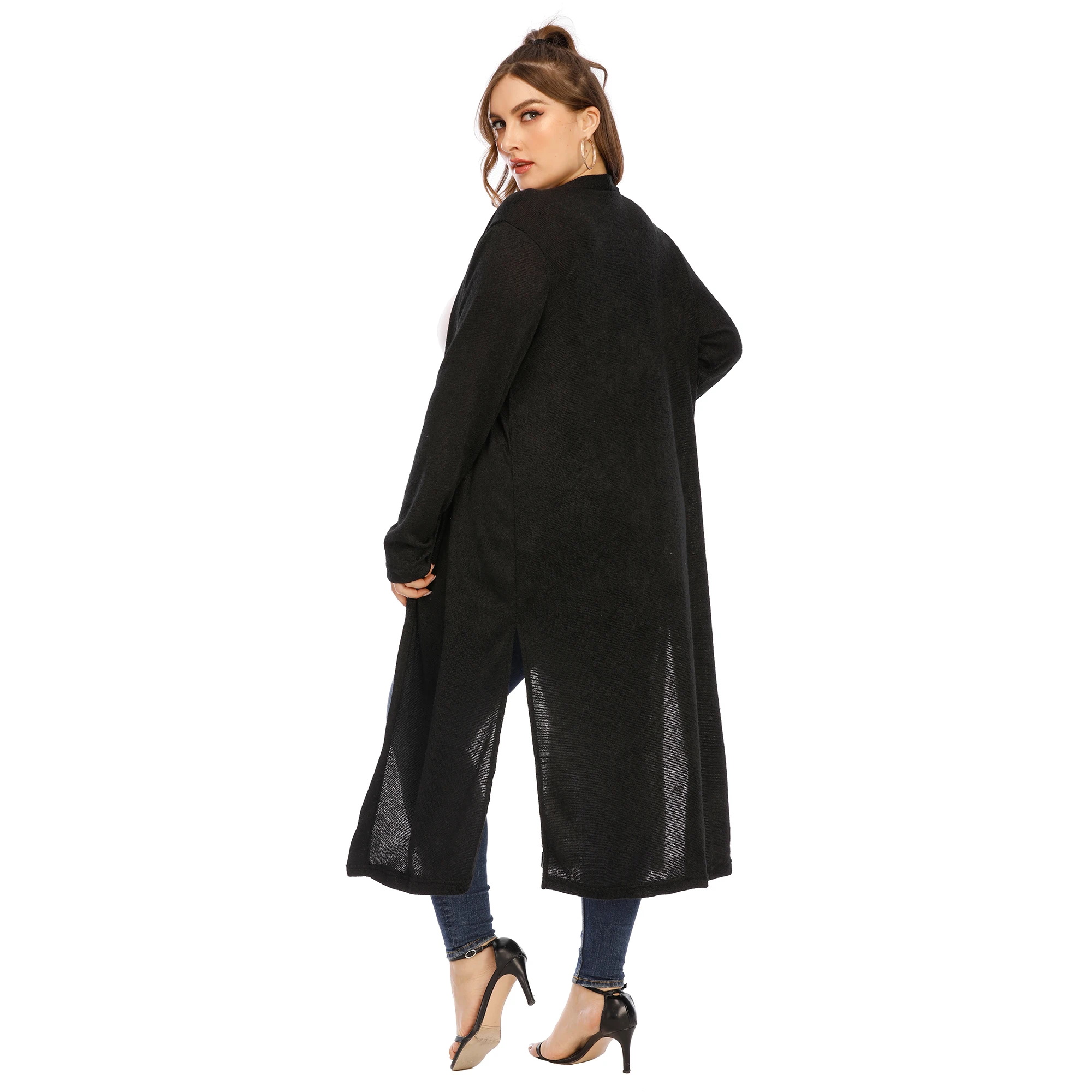 Custom Plus Size Women Clothing Long Sleeve Open Front Midi Cardigan Sweater Coat with Slit