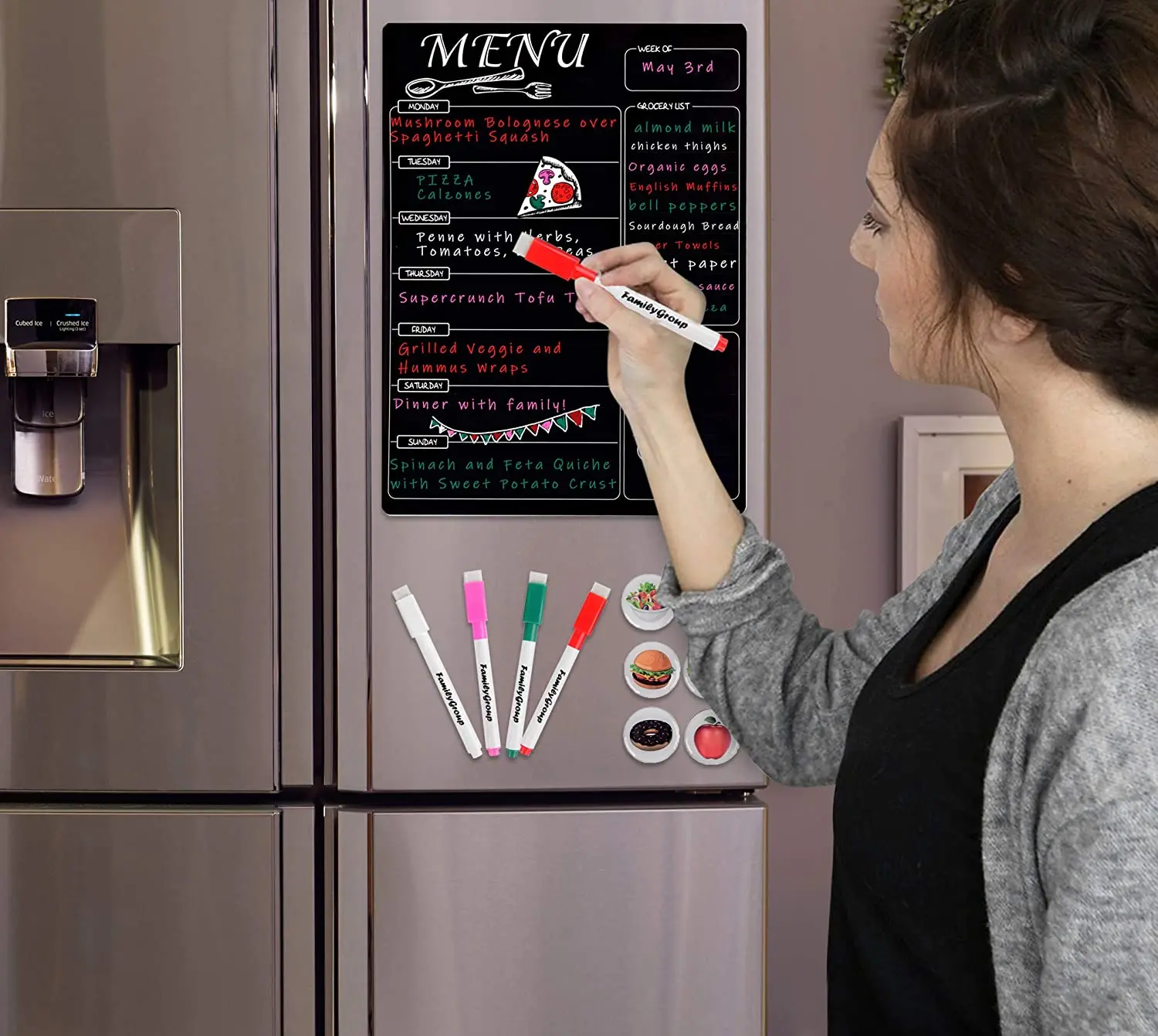 Черная магнитная доска на заказ, Еженедельный планировщик меню еды, сухая стираемая магнитная доска на холодильник