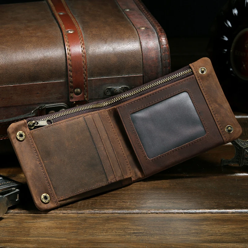 wb1719 Men Bifold Flap Leather Wallet with Zip Pocket Flip Card Case