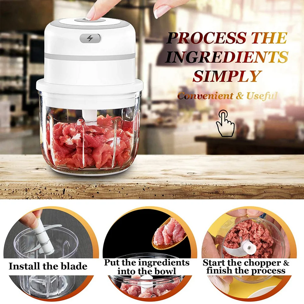 Electric Onion Chopper, Rechargeable 300ML Mini Food Processor with Sharp Blades & BPA Free Glass Bowl , Portable Mini Food Cho