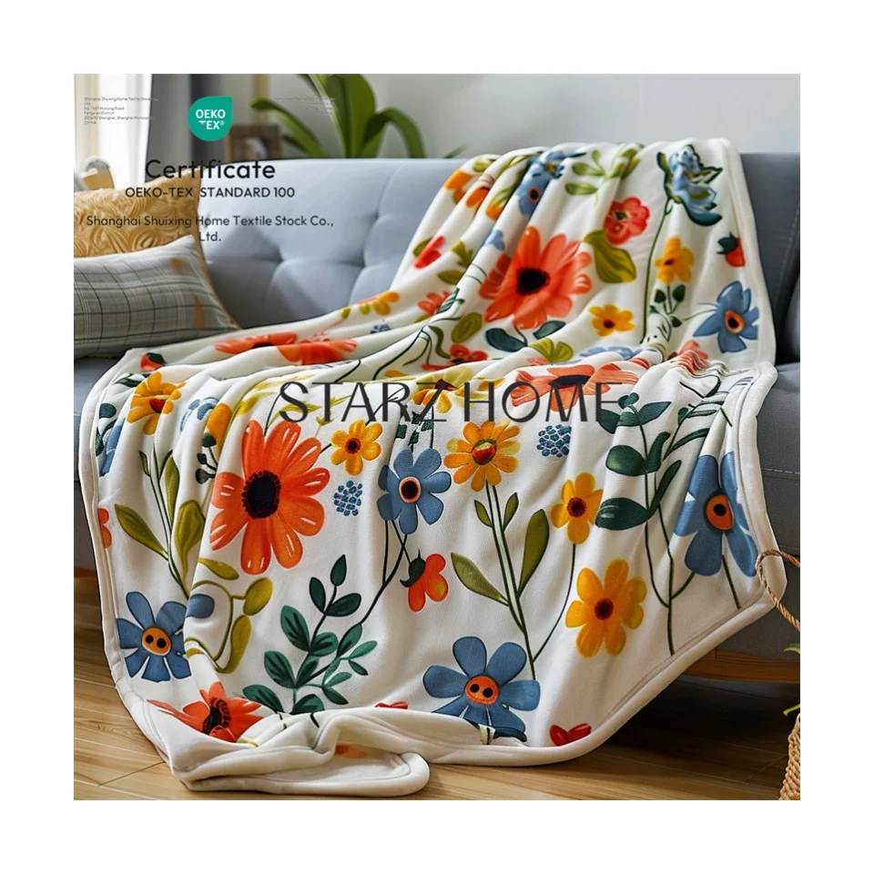 STARZ HOME Flower Decorative Soft Thick Blanket Faux Reversible Plush Warm Fleece Fluffy Blanket for Bed Cream