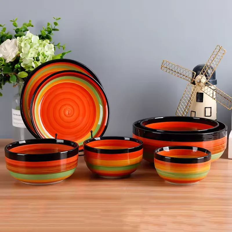 Rainbow  ceramic  dinnerware set  porcelain tableware plate and bowl   price good  wholesale  microwave safe
