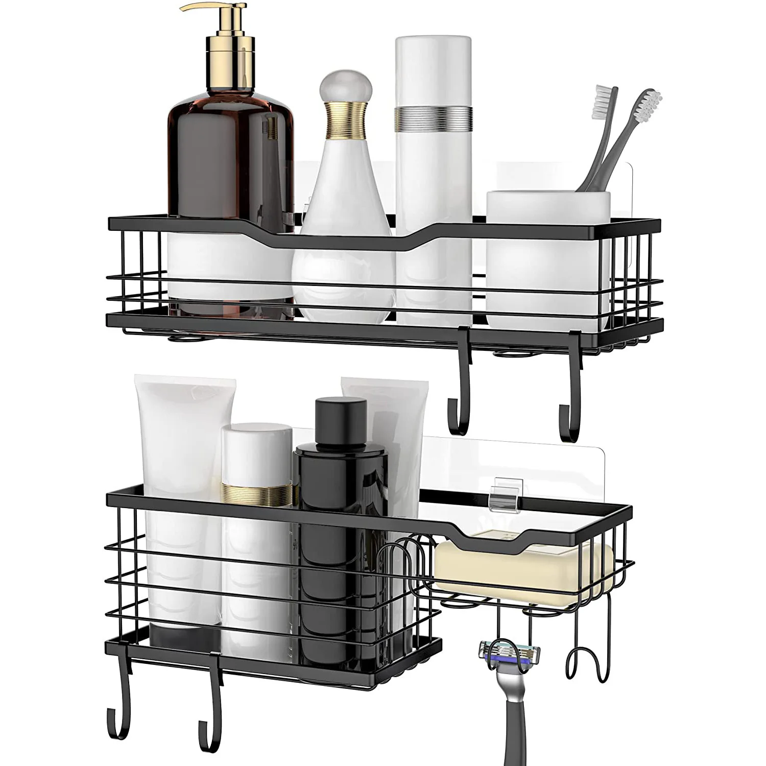 Stainless Steel No Drilling Wall Mount Rustproof Black Bathroom Accessories Basket Shelves with Hooks shower caddy bath shelf