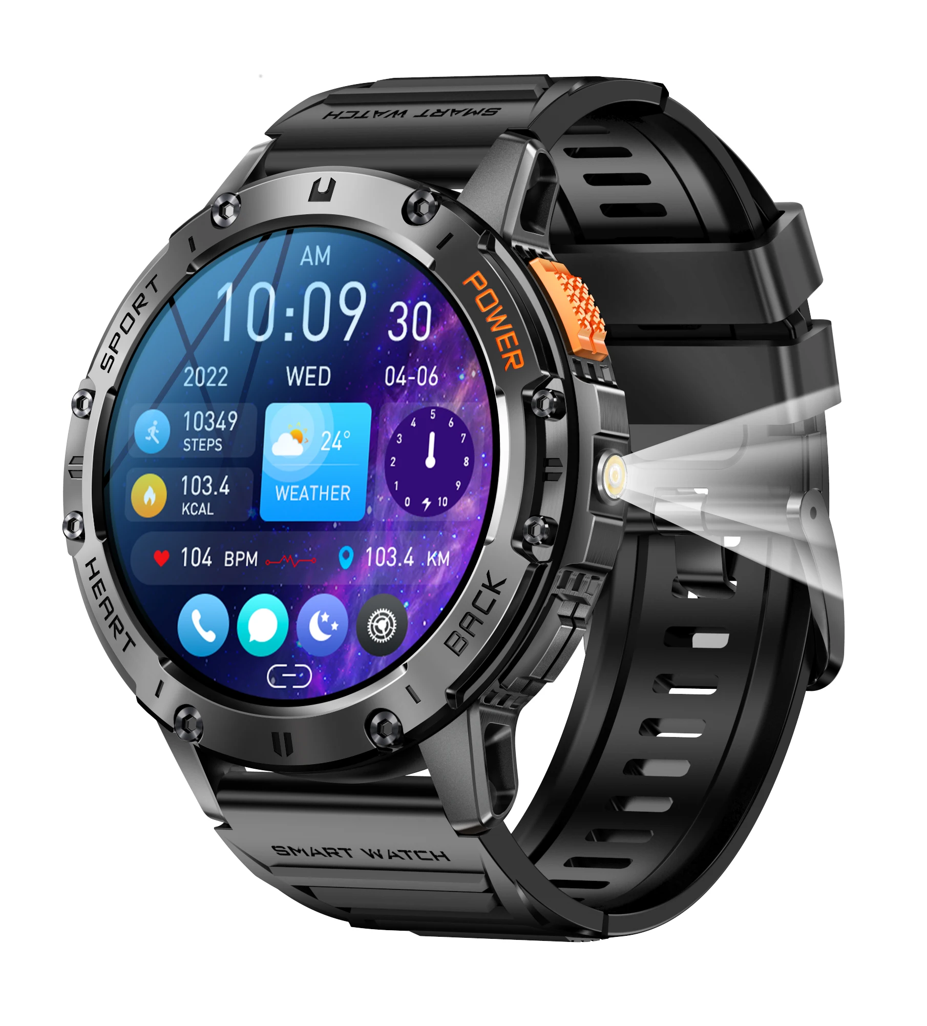 New Sports Watch K65 Smartwatch flashlight Heart Rate Monitor Bt Call Outdoor Smart Watch Amoled 2024