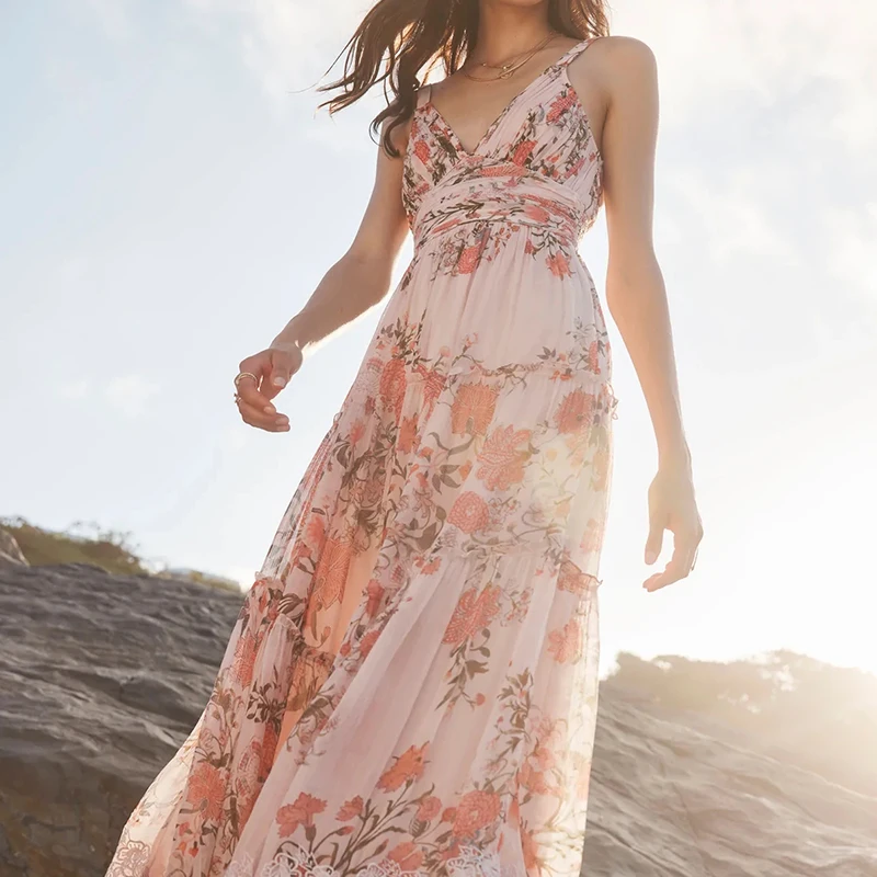 Макси-платье без рукавов с цветочным принтом и открытой спиной