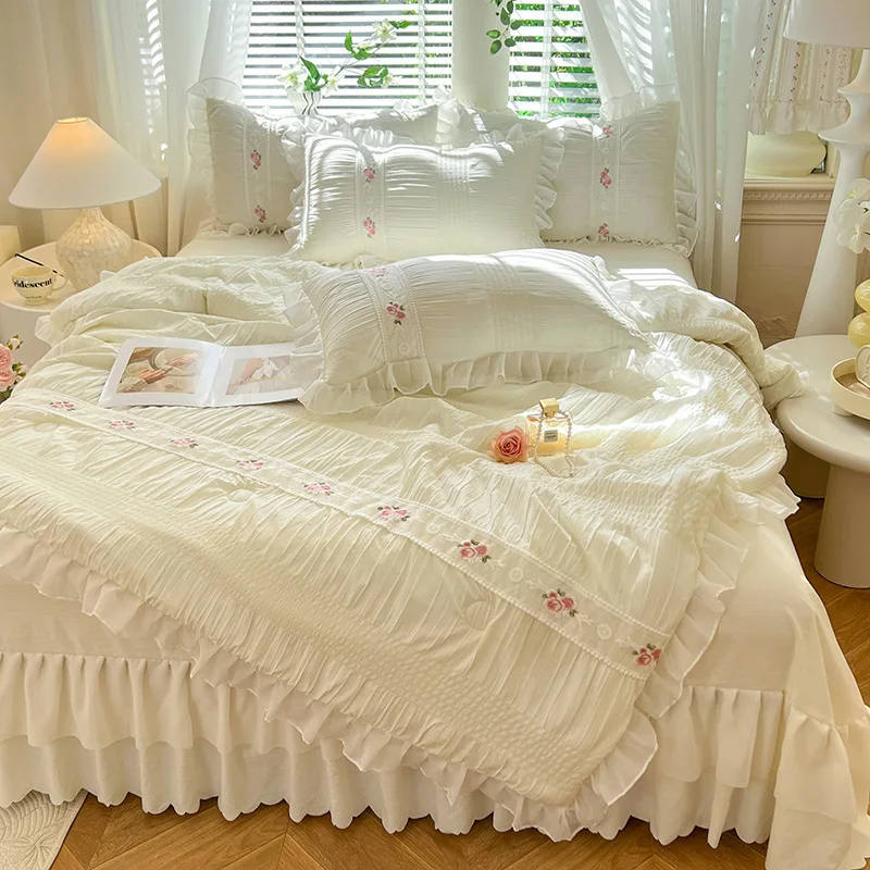 2024 new French bed skirt bubble yarn summer quilt four-piece set solid color Korean embroidery princess wind washed cotton