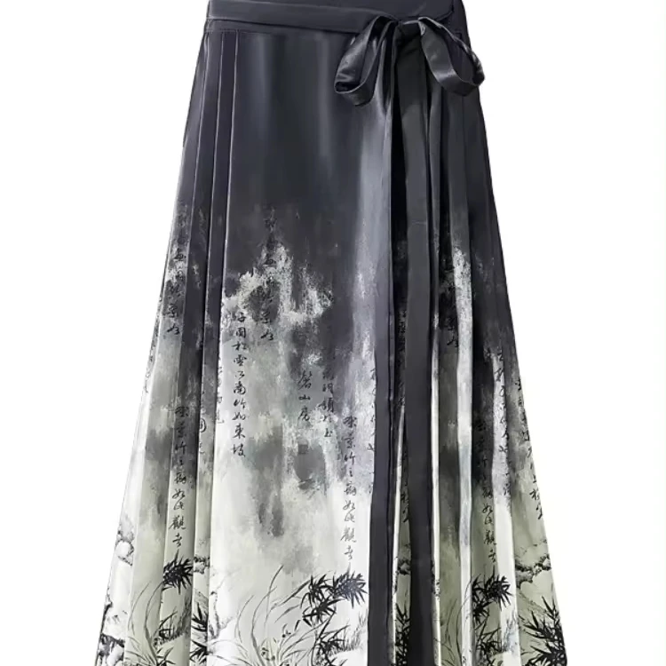 Spot Goods Big Size Women Fat MM 2024 Spring Summer New Burst Chinese Style Small High Waist Pleated Horse Skirt