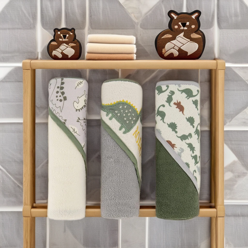 Custom High Absorbency Soft Infant Microfiber Baby Hooded Bath Towel with Personalized Prints & Accessories