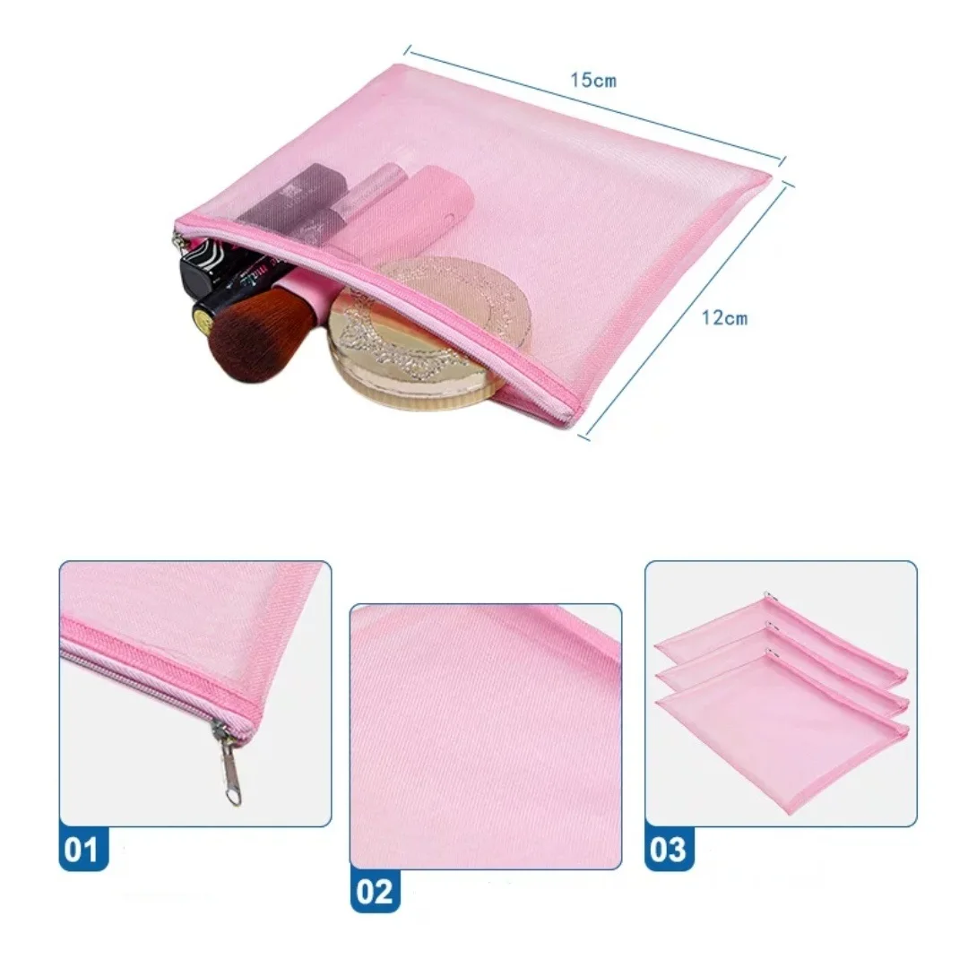 Custom Pink Mesh Makeup Bags Clear Zipper Pouch Wash Kit Travel Net Bag For Packaging