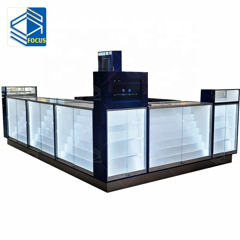 Cellphone Store Display Case Arrangement Free Standing Tempered Glass Wooden Display Cabinet Mobile Phone Shop Product Showcase