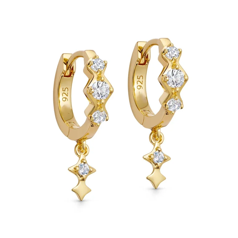 LOZRUNVE Silver 925 Jewellery Delicate Cubic Zirconia Star Drop Huggie Hoop Earring