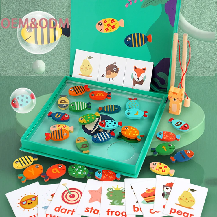 Wooden Magnetic Fishing Kitten Fishing Game 26 Letters Multi-function Fun Spelling Words Toddler Early Education Toys Wholesale