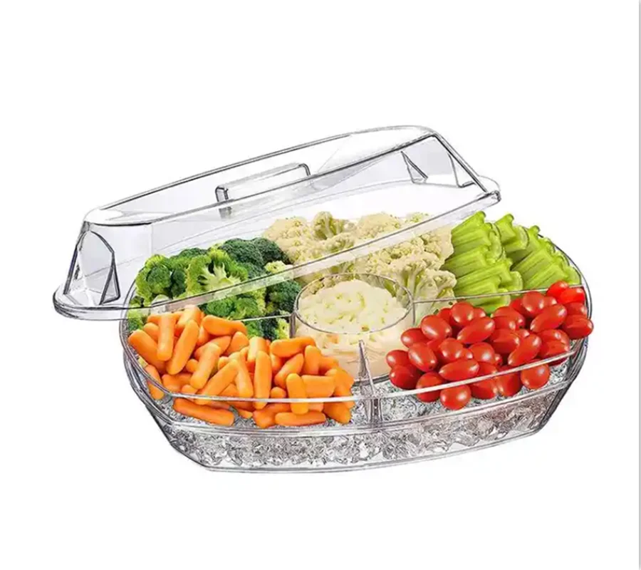 Chilled Veggie Tray 15 Inch Plastic Clear Party Platter Ice Serving Bowl with Lid Cold Food Buffet Server with 4 Compartments