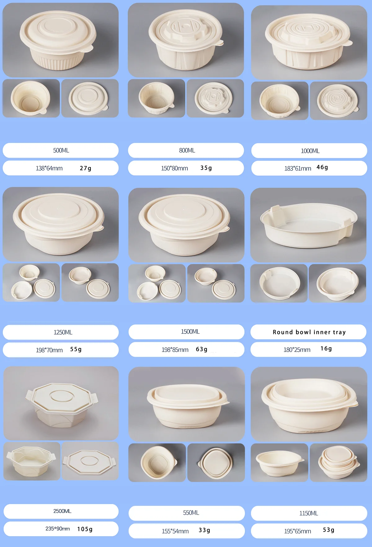 380ml 450ml 500ml 600ml 700ml 800ml 1000ml Eco Friendly  Disposable  Cornstarch Corn Starch Take out Salad Soup Bowl With Lid
