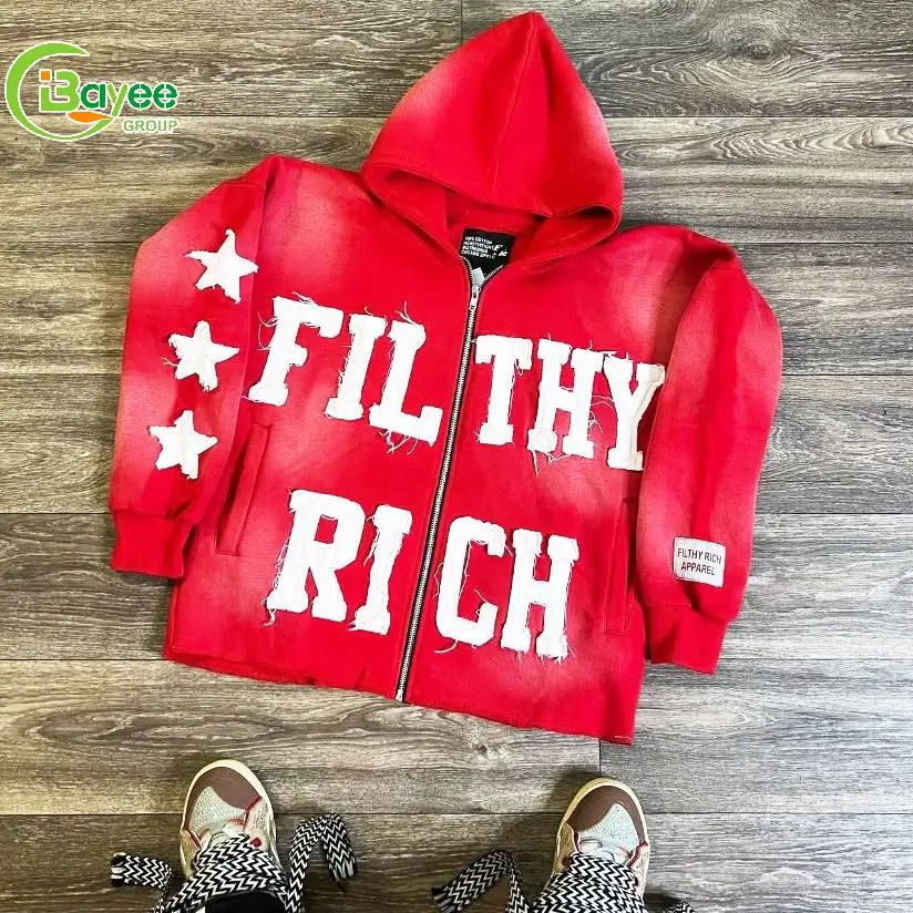 Custom Washed Distressed Hoodies Sun Faded Cut And Sew Zipup Hoodie Cropped Acid Wash Zip Up Embroidery Hoodie