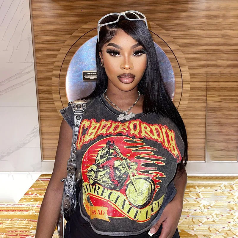 X12615C Grunge Y2K Fashion Printed Loose Tanks Casual Streetwear Crop Tops Women 90s Basic Shirts Sleeveless Tees Rave Outfits