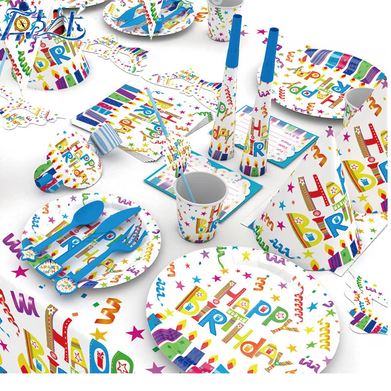 
Customization wholesale reusable kids birthday party home paper plates supplies decoration set 