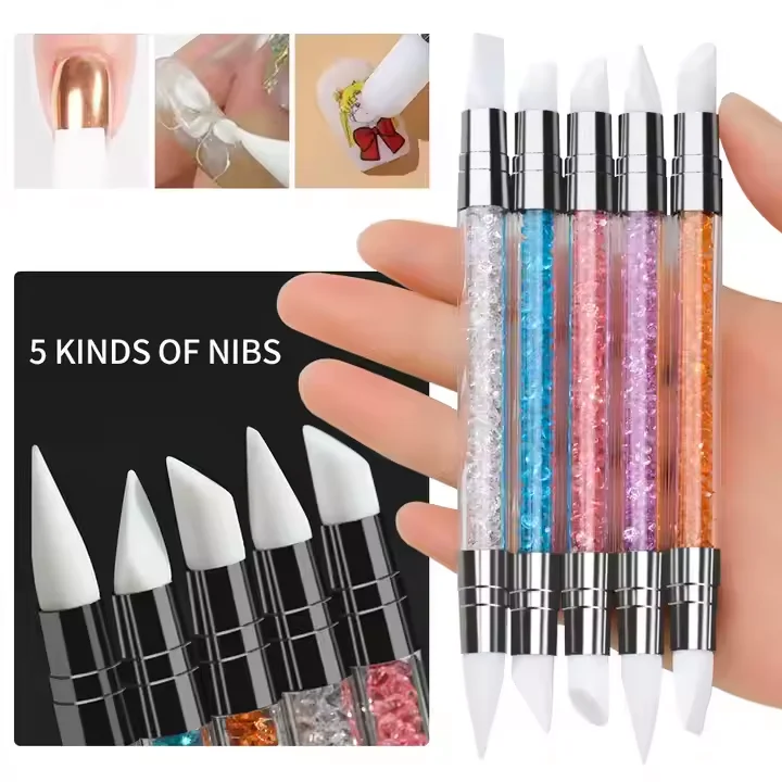 Double Function Silicone Nail Art Sculpture Pen 3D Carving DIY Manicure Dotting Brush Nail Embossing Pen for Art