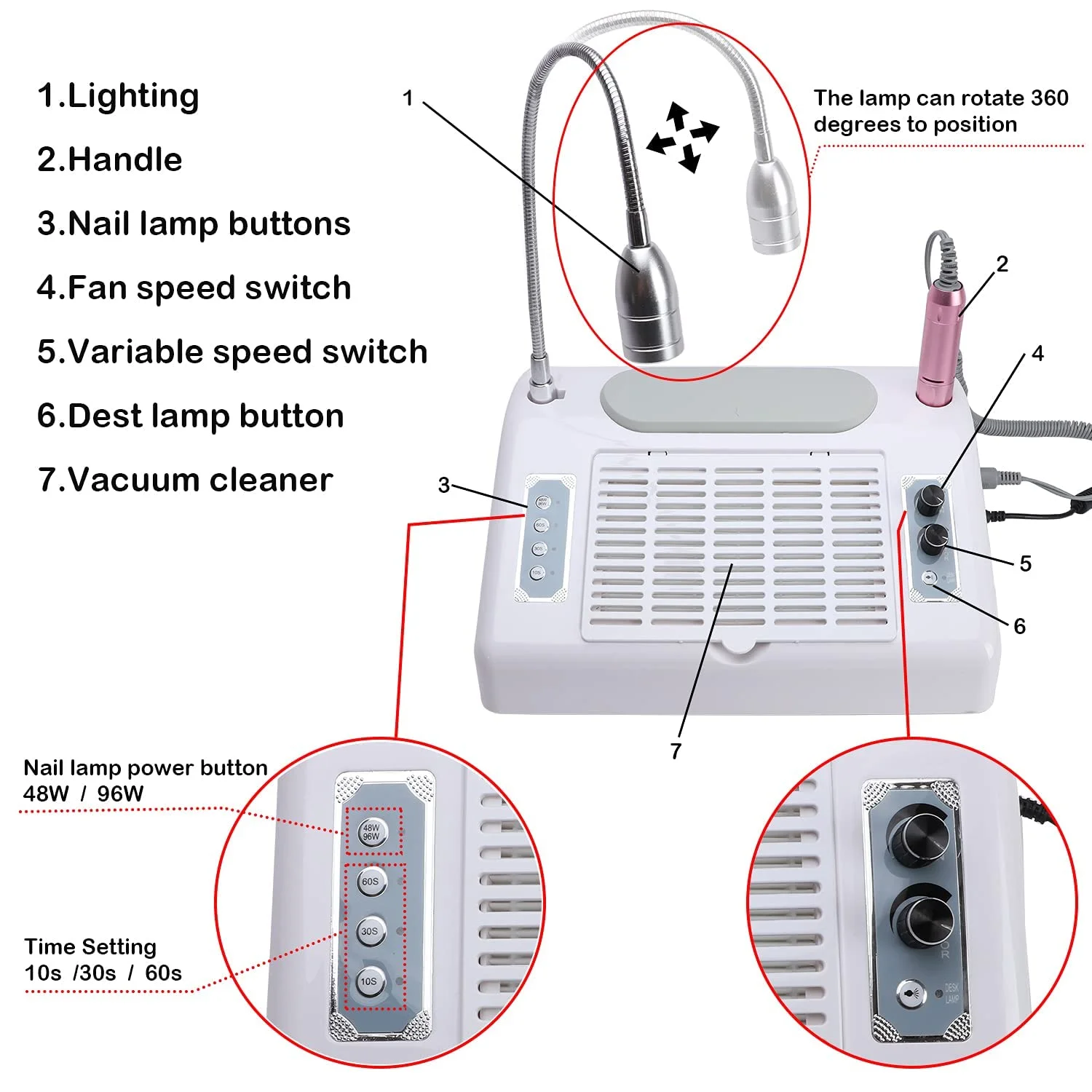 High-quality Large Nail Dust Collector UV Nail Lamp Professional 5 In 1 777  96W Vacuum Cleaner with Light For  Nail Salon