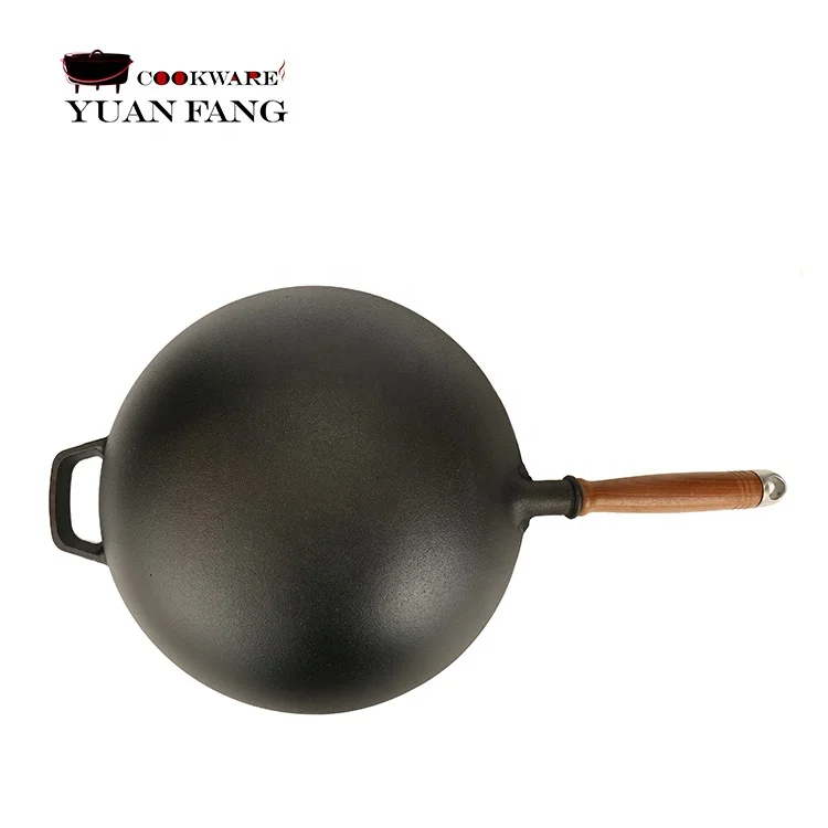Hot Selling Preseasoned Wok Nonstick 31CM Cast Iron Chinese Wok Pan with Wooden Handle
