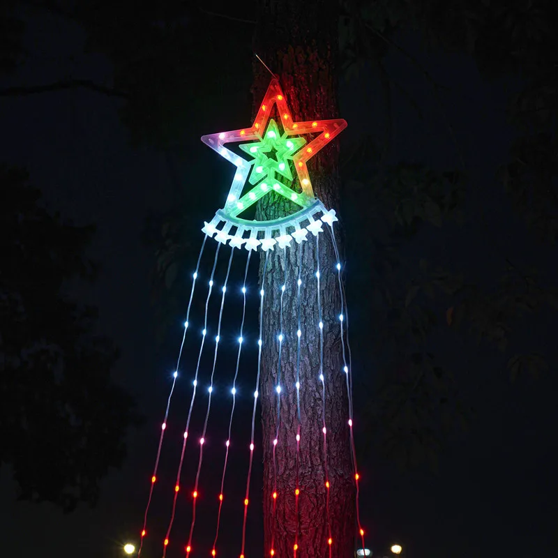 Wholesale LED Christmas star Moon Pentagram Waterfall Lights RGB Colorful Running Water Yard Decoration String Lights