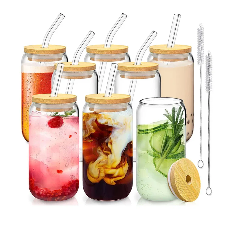 16Oz Can Shaped Glass Cup Beer Ice Coffee Glass Tumbler Cup Drinking Glass Cup with Bamboo Lids and Straw