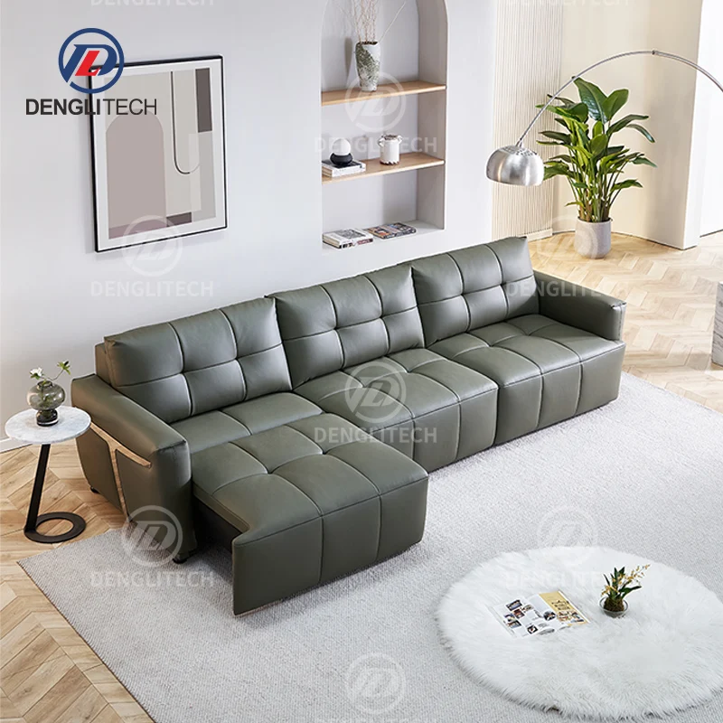 Modern High End Genuine Leather Functional Living Room Sofa Set Furniture 3 Seater Electric Extendible Recliner Sofa Bed
