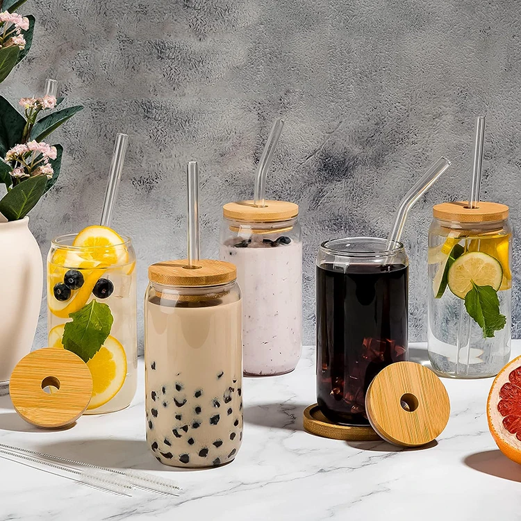 12oz 16oz clear frosted borosilicate glass beer can cup with bamboo lid and straw