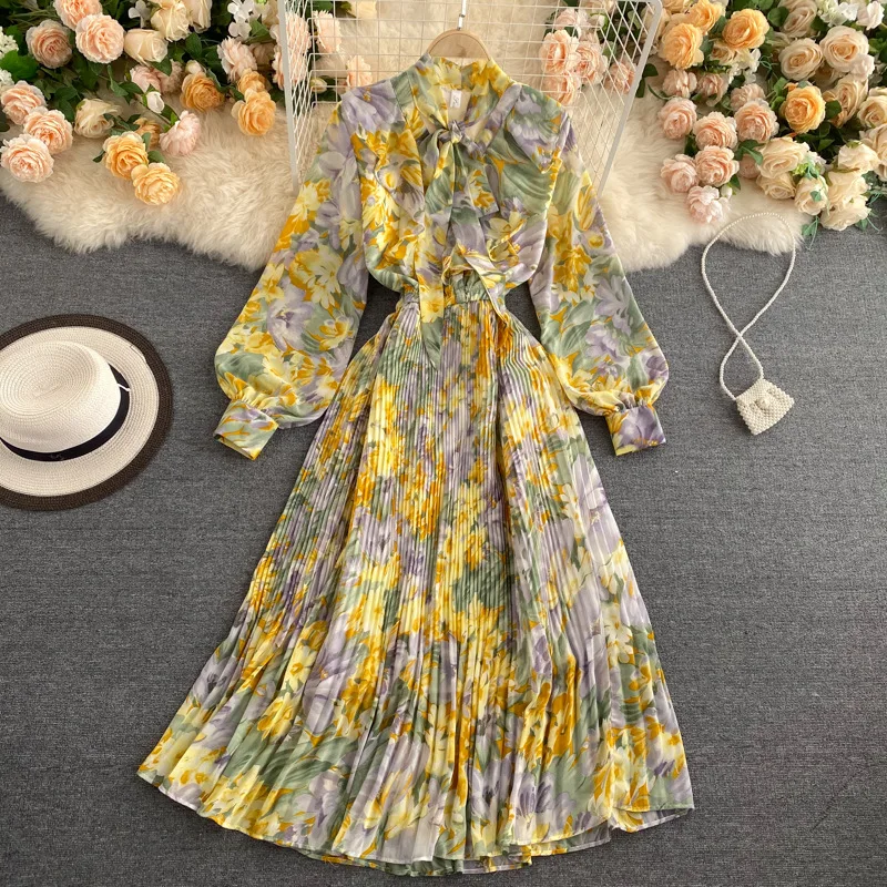 Wholesale Spring Fall Women Long Sleeve Printing Maxi Casual Pleats Dresses For Ladies