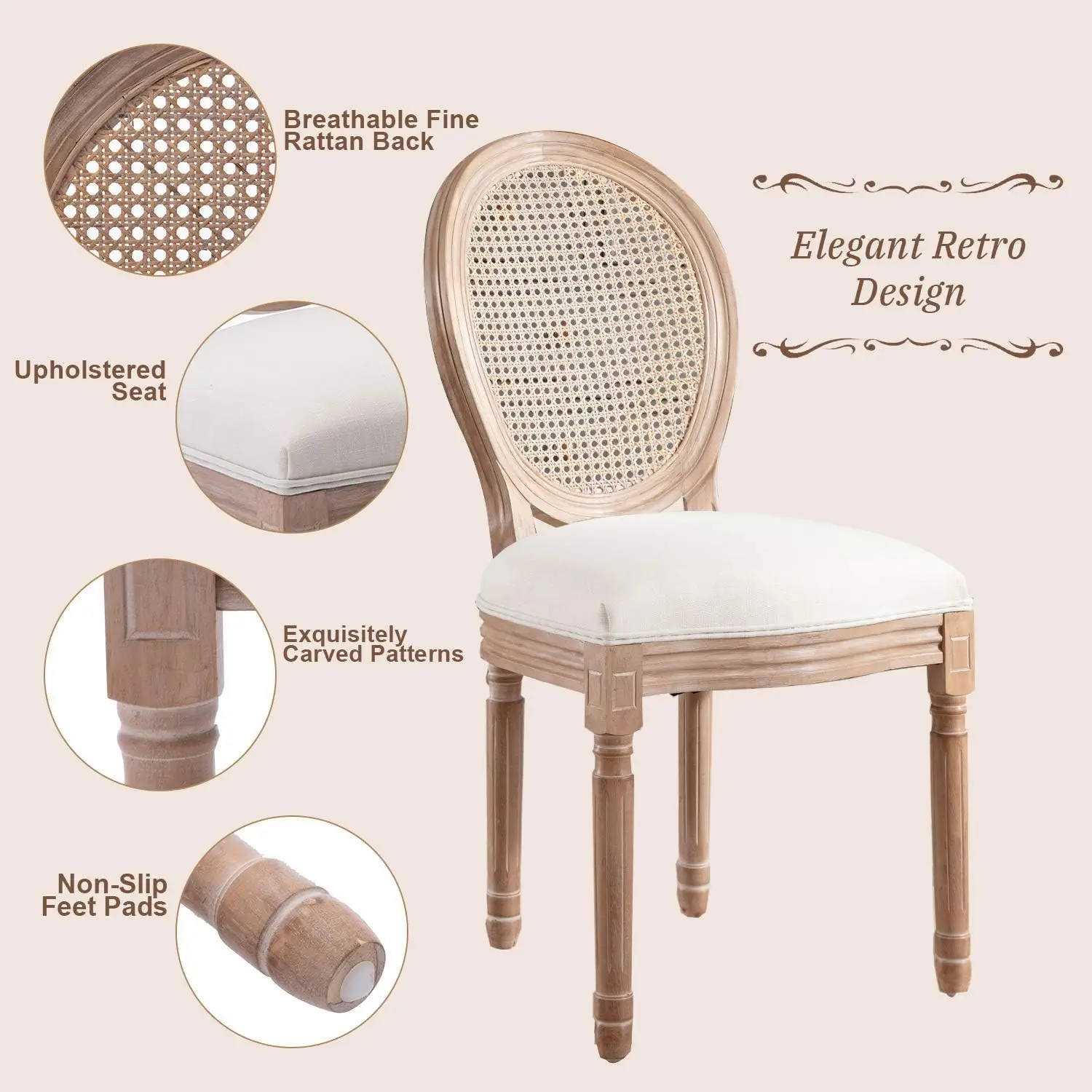 Hot Sales Upholstered Fabric French Dining Chair with Rubber Legs Louis round back rattan chair