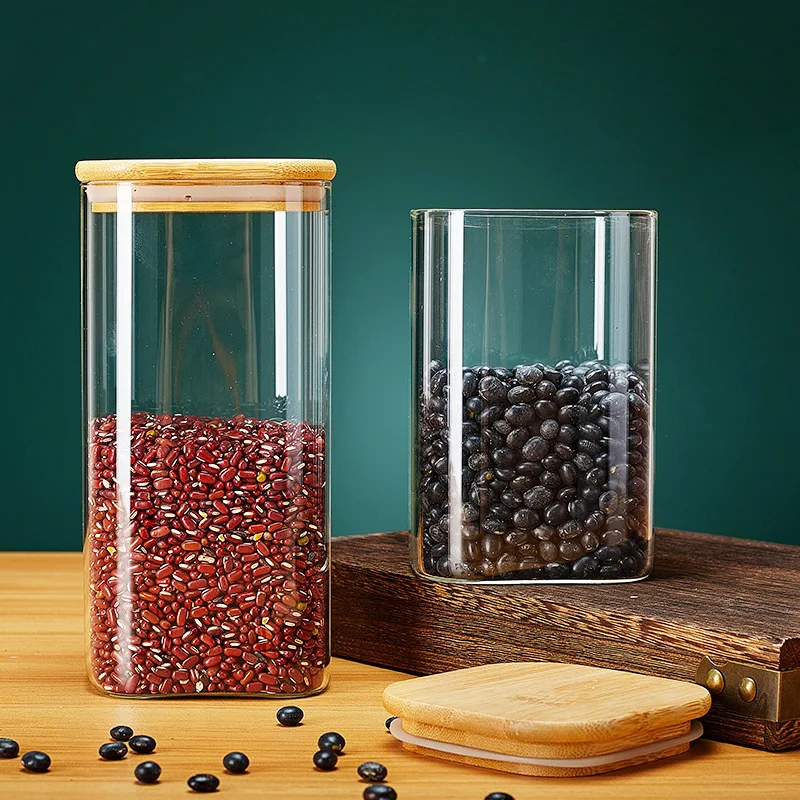 Food/spice/coffee Storage Jar Container Set Bamboo Lids Square High Borosilicate Glass Modern Camping Kitchen Food Glass Bottle