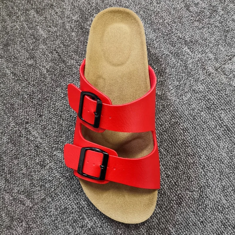Wholesale men and women classic two straps cork sole sandals with soft leather insole and arch support in red black color