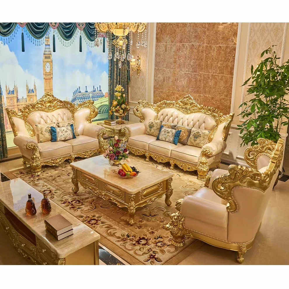 7 Seater Royal Luxury Antique Living Room Furniture Original Leather Sofa Set White And Gold Fabric Living Room Sofa Set