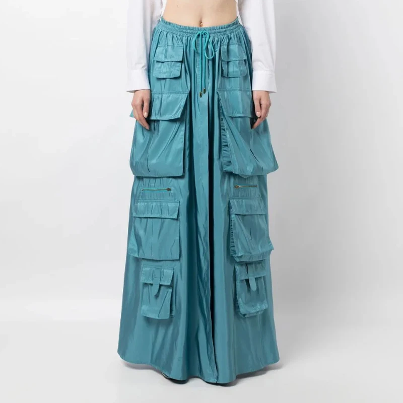 Polyester high waist tooling skirt drawstring waist edge multiple pockets decorated front slit fashion elegant extra long skirt