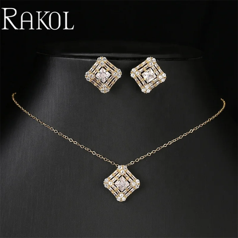RAKOL SP3521 Hot Selling Fine Sterling Silver Necklace Earrings Jewelry Sets Bridal Diamond Zirconia Wedding Jewelry Sets