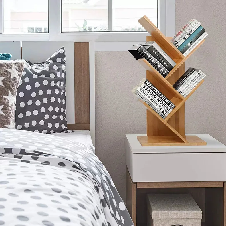 Factory Custom Standing Type Bamboo Bookshelf Tree Shape Movable Desktop Organizer for Bedroom