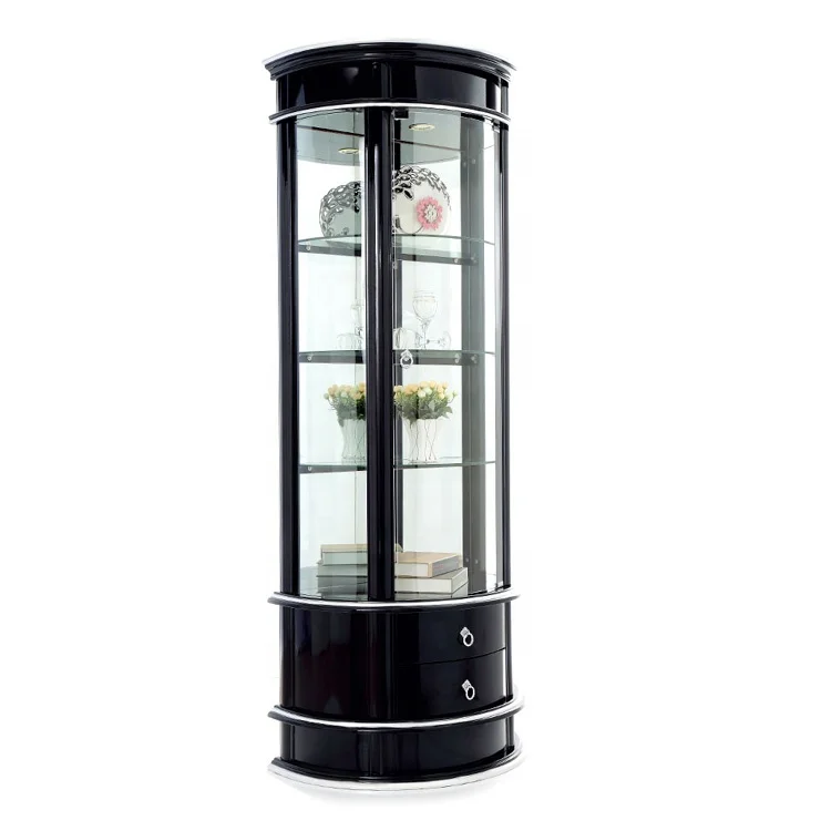 Black Color Living Room Cabinets Glass Corner Showcase Curio Storage Shelves Home Display Rack Wine Bar Cabinet Led Light