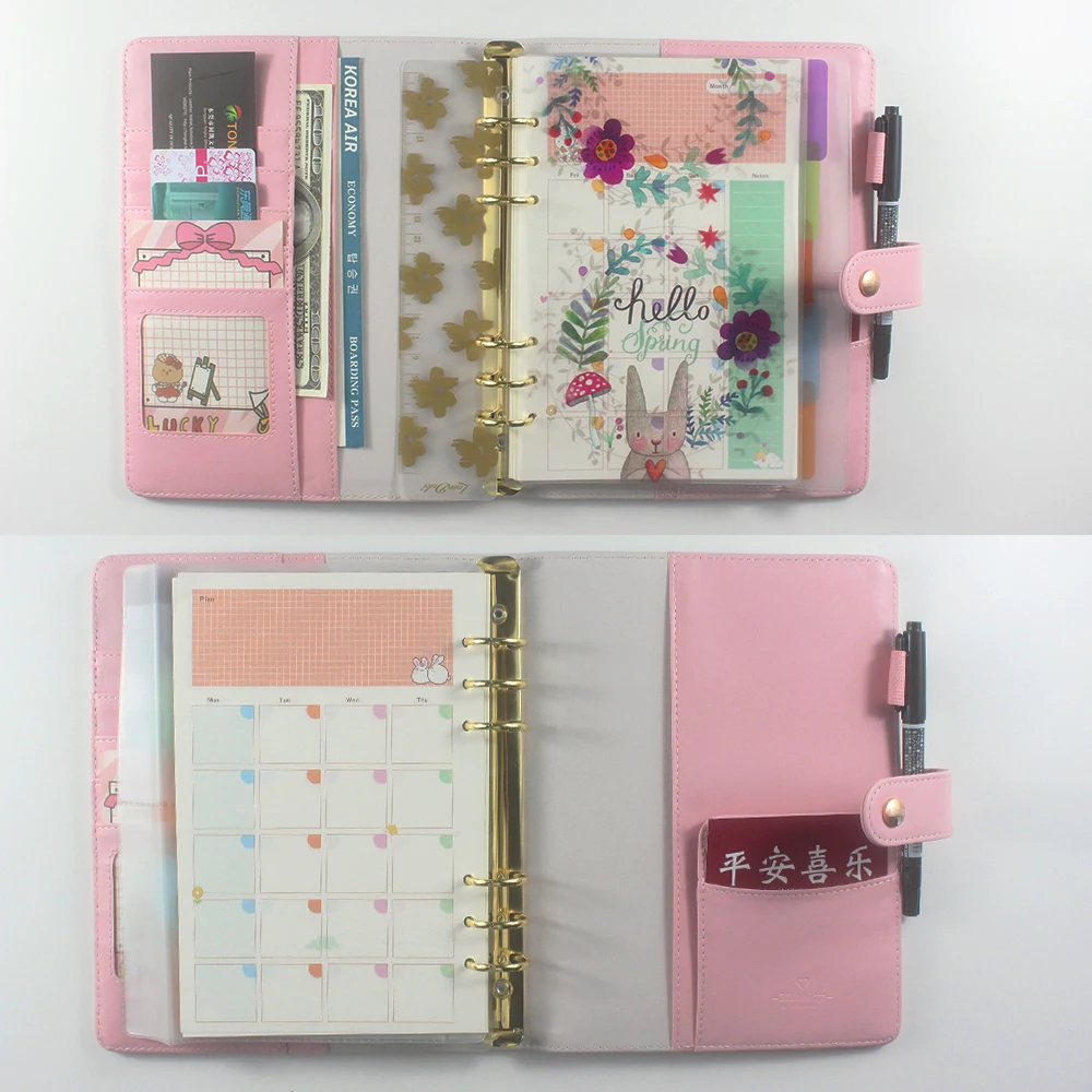 Custom Loose Leaf 6 Ring Leather Monthly Binder Planner Agenda Organizer Diary Notebook With Stickers And Inner Pages