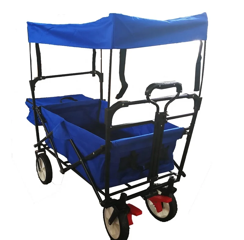 Outdoor Camping Cart with Adjustable Handle Bar, Folding Trolley Utility Picnic Wagon Have Sun/Rain Shade